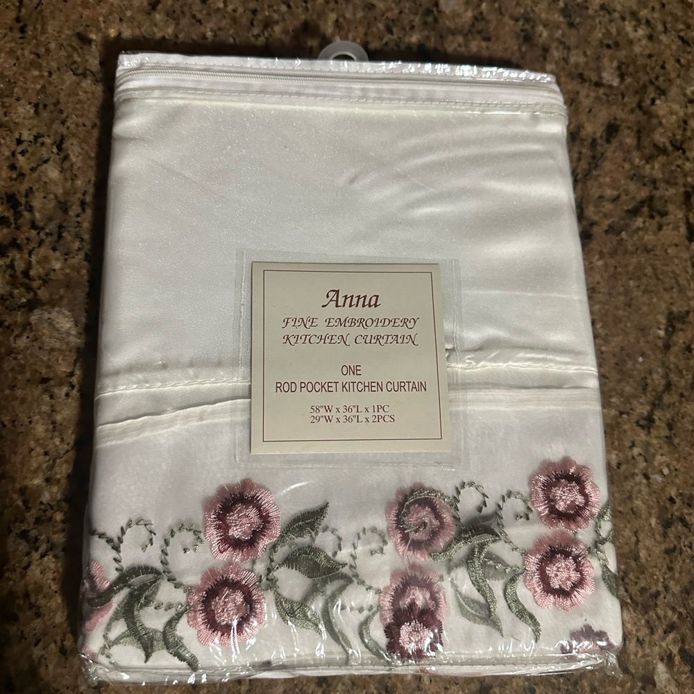 Anna White Kitchen Curtain with Pink Floral Embroidery